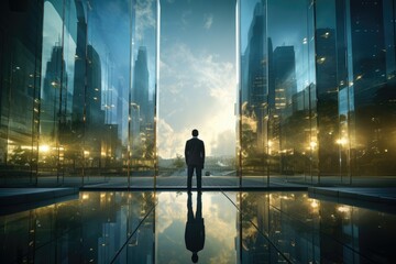 Fototapeta premium Businessman silhouetted against city backdrop in a glass-walled corridor.