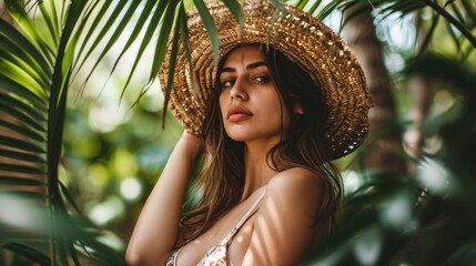 Elegant woman in a vibrant swimsuit and straw hat poses by tropical foliage, embodying summer glamour and island chic