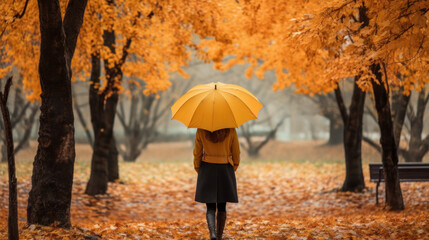 Unrecognizable woman with yellow umbrella backwards walking at fall park.