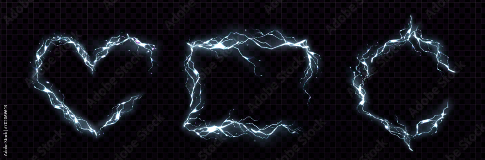 Poster white frames made of glowing neon lightning. realistic vector set of rectangle, round and heart shap