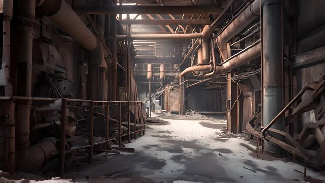 Abandoned rusty factory with copy space. Industrial indoor horizontal background.