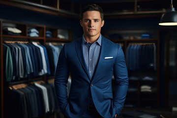 Confident young man in a sharp blue suit in a clothing store