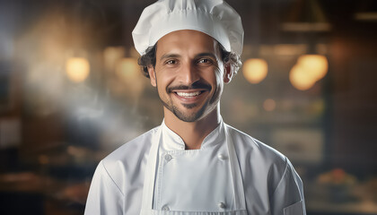 Indian cook in white suit and hat in kitchen