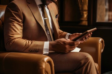 Man in a brown suit using a smartphone in a luxurious leather armchair - obrazy, fototapety, plakaty