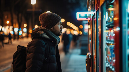 Man buying food from automatic vending machine