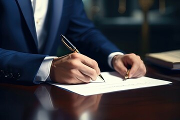 Close-up of executive signing a contract with a golden pen