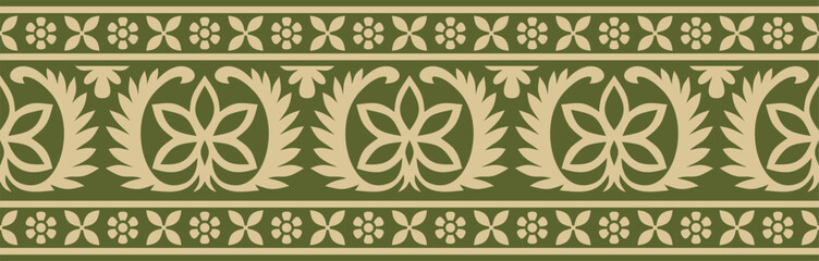 Vector seamless gold and green Indian national ornament. Ethnic endless plant border. Flowers frame. Poppies and leaves..
