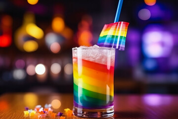 Colorful drink, cocktail close up on the table in a club, pub. Alcoholic beverage in a gay rainbow flag colors. LGBTQ celebration.