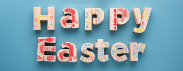 Happy Easter sign made out of wooden blocks on blue background.
