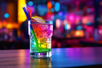 Colorful drink, cocktail close up on the table in a club, pub. Alcoholic beverage in a gay rainbow flag colors. LGBTQ celebration. - obrazy, fototapety, plakaty