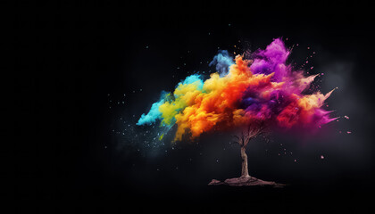 Multicolored tree made of dust on black background