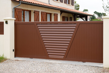 portal brown entrance slide home steel door house facade aluminum sliding gate