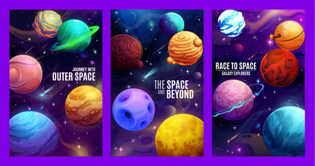 Cartoon fantasy galaxy space planets posters. Universe flight, outerspace adventure or cosmos travel vector vertical poster. Space research banners with alien fantasy planets, fantastic galaxy © Vector Tradition