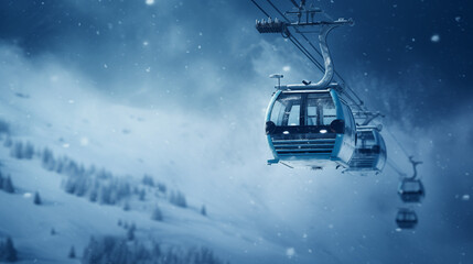 A ski lift in the snow with a mountain in the background. generative ai