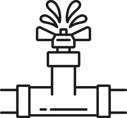 Plumbing service icon with leaking water tap. Sewage water pipes maintenance outline pictogram, bathroom or kitchen tap leakage problem, plumbing repair service thin line vector symbol or icon