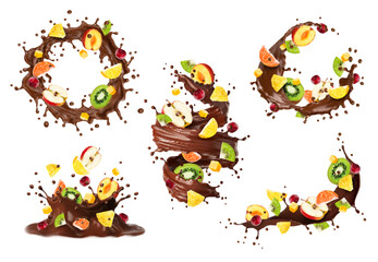 Chocolate milk wave splash with fruits and drops. Vector 3d crown splash, swirl, round and wavy splash of cocoa dessert food or melted chocolate with realistic apple, orange, cherry and peach pieces