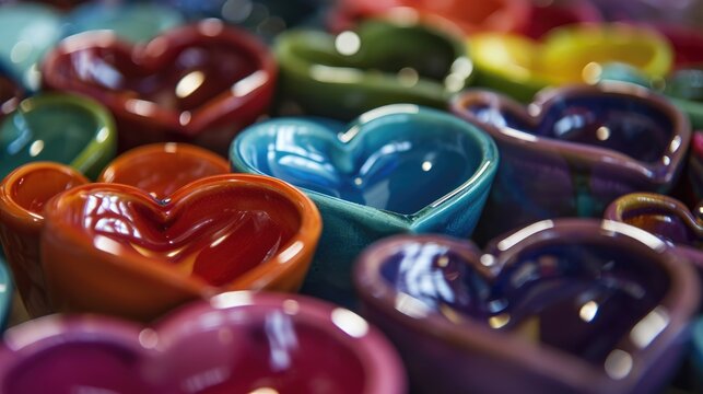 Colorful ceramic heart shaped candlesticks in a flea market