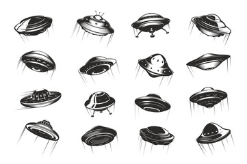 UFO flying saucers spaceship with trails. Flying alien spacecraft or area 51 paranormal unknown flying object monochrome vector icons set. UFO SCI FI vehicle symbols os signs collection