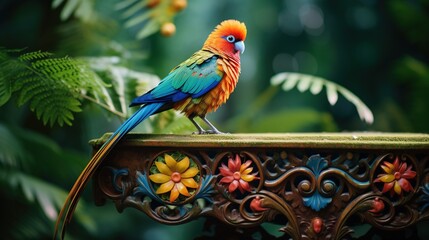A colorful tropical bird perched on an intricately designed wooden stand, set against a lush rainforest backdrop, real photo