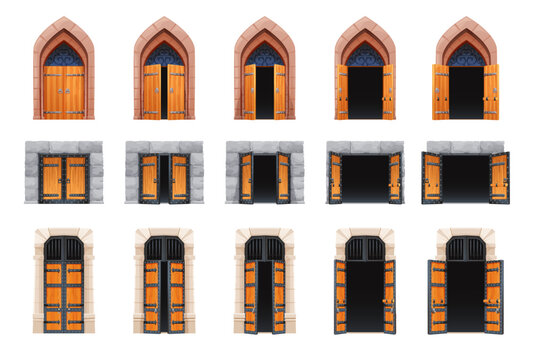 Cartoon castle open gate or door motion animation. Medieval temple entrance, European palace or fortress wooden door with metal grates or ancient building vector doorway opening, close animation loop