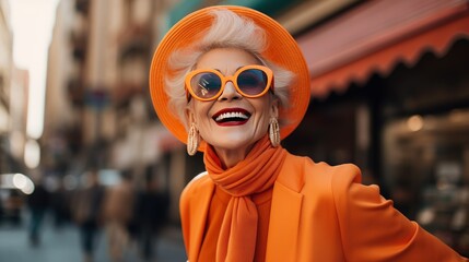 A detailed portrait of a cheerful senior lady in a stylish orange ensemble, posing against a backdrop of a lively city street