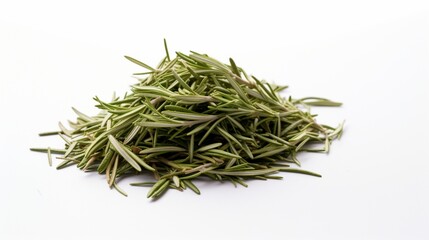 an isolated heap of dried rosemary leaves on a pristine white surface, capturing the herb's green color and needle-like leaves.