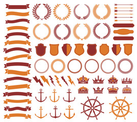Vintage badge, seal, retro arrow, ribbon and label, anchor and shield, laurel wreath and crown design elements. Guarantee certificate, diploma anchors, arrows, lightning bolts premium decorations set - obrazy, fototapety, plakaty