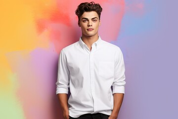 A detailed portrayal of a young man showcasing a Bella Canvas white shirt mockup, with attention to the folds and textures, against a colorful gradient backdrop