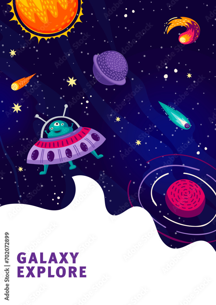 Poster cartoon alien flying on ufo saucer at starry galaxy space to planets, vector background. space adven