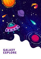 Cartoon alien flying on UFO saucer at starry galaxy space to planets, vector background. Space adventure and galaxy exploration poster with martian spaceship or alien UFO in starry sky with asteroids