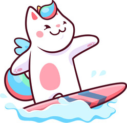 Cartoon surfing kawaii caticorn cat and kitten pet character. Fantasy creature, magical funny kitten or fairytale caticorn isolated vector mascot. Magic unicorn cat comical personage surfing on waves