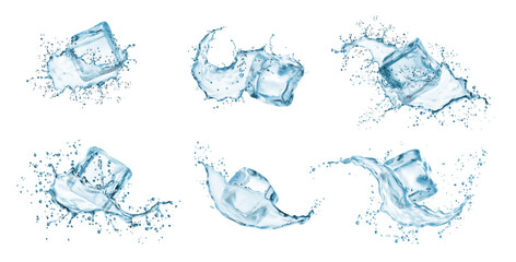 Ice cubes with water splash and drops. Cold mineral water, natural aqua or cocktail drink realistic vector splashes or frozen motion ripples with ice cubes. Refreshing beverage, soda isolated fizz