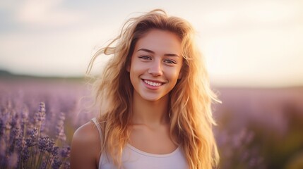 A young woman with a radiant smile set against a serene lavender background, creating a harmonious and uplifting scene