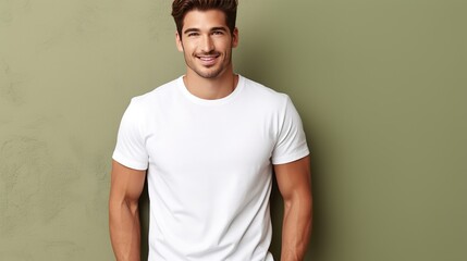 A young man elegantly modeling a Bella Canvas white t-shirt mockup, with a carefully crafted color background that complements the shirt's simplicity. - obrazy, fototapety, plakaty