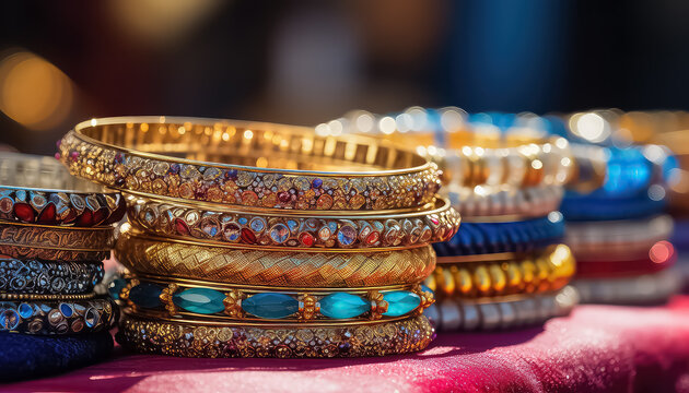 Traditional jewelry made of gold and precious stones , happy holi indian concept