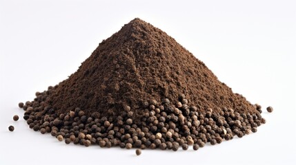 an isolated mound of ground black pepper on a clean white canvas, showcasing the spice's rich color...