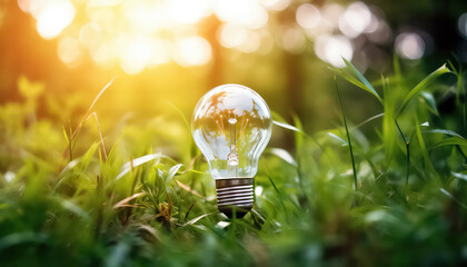 Light bulb on grass green , safe nature day concept