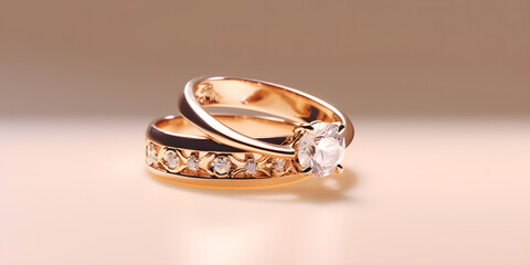 A pair of gold wedding rings with diamonds on them, Two gold rings with diamonds sit on a table. 