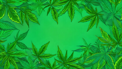 Fototapeta na wymiar Greeting card template decorated with marijuana leaves Leave space for text.