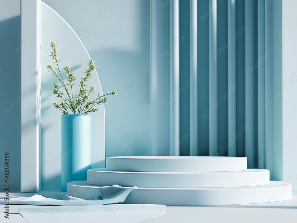 Poster 3d illustration of empty cylinder podium backdrop in light blue color theme for product display. abs