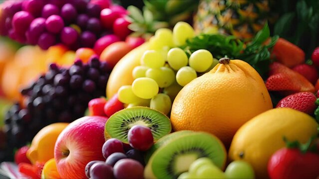 Closeup of a pile of colorful fruits and vegetables, representing the emphasis on a diverse and nutrientrich diet for overall wellness.