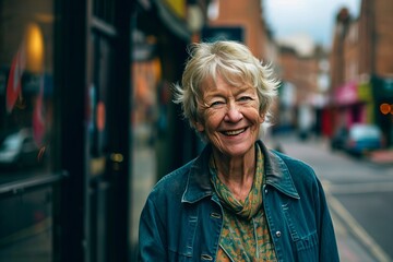 Portrait of a smiling senior woman standing in a street in London.