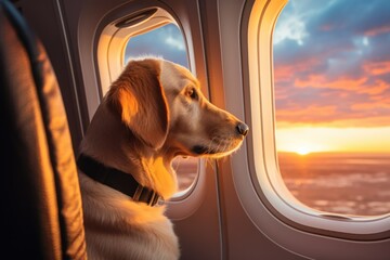 Dog on airplane near window at sunset