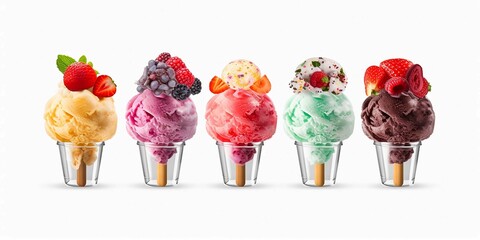 Ice cream scoop ball with fruits toppings on transparent background cutout. Many assorted different flavour Mockup template for artwork design
