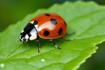 Obraz premium Ladybug on green leaf against blurred background, macro view