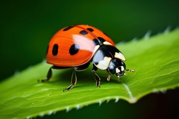 Fototapeta premium Ladybug on green leaf against blurred background, macro view