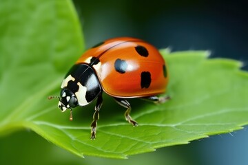 Fototapeta premium Ladybug on green leaf against blurred background, macro view