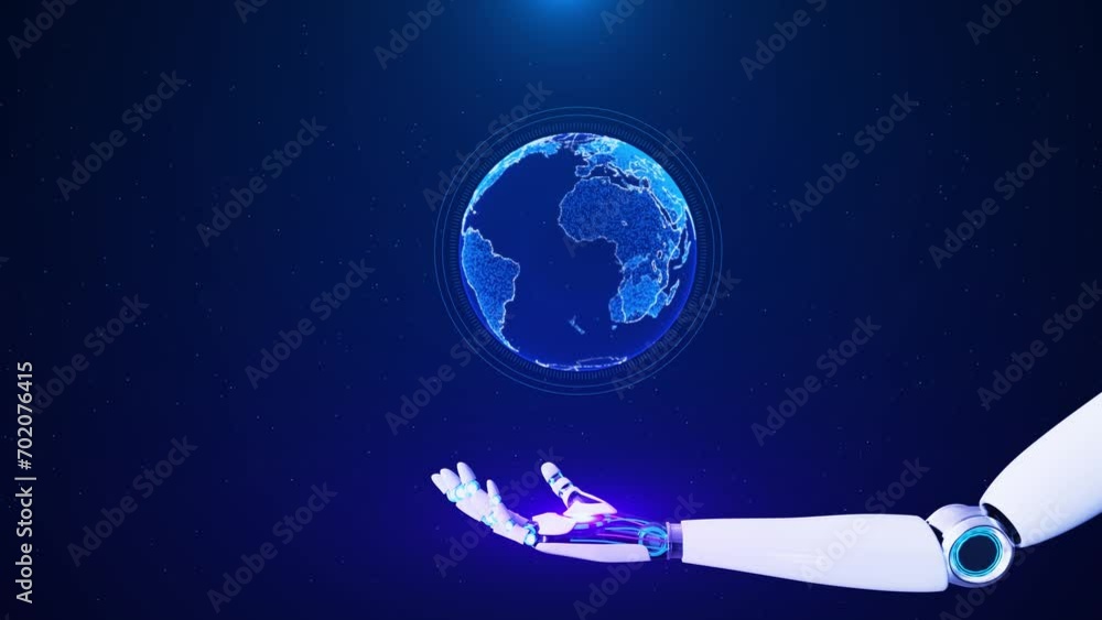 Poster digital robot hand cyber technology global connection. data glowing background. new innovations worl