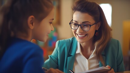 A close-up portrait of a kind-hearted teacher lady, smiling warmly while helping a student with their work