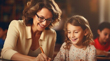 A close-up portrait of a kind-hearted teacher lady, smiling warmly while helping a student with their work